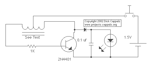 One transistor blocking oscillator with tapped inductor driving LED with rectifier and capacitor filter to provide DC to the LED
